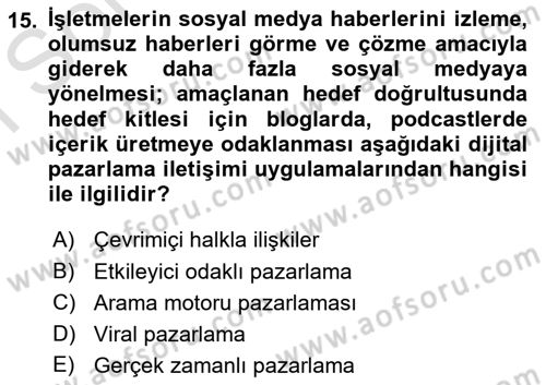 Pazarlama Yönetimi Dersi 2025 - 2026 Yılı (Final) Dönem Sonu Sınav Soruları 15. Soru