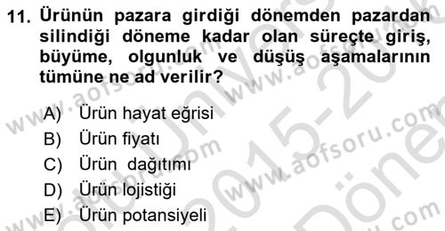 Pazarlama İlkeleri Dersi 2015 - 2016 Yılı (Final) Dönem Sonu Sınav Soruları 11. Soru