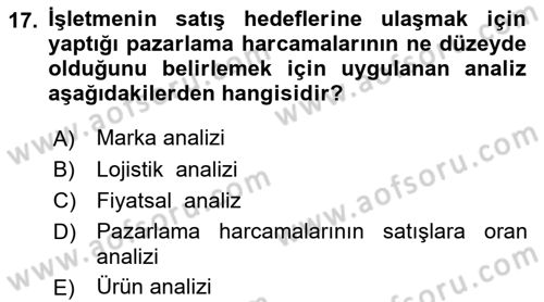 Pazarlama İlkeleri Dersi 2015 - 2016 Yılı (Final) Dönem Sonu Sınav Soruları 17. Soru