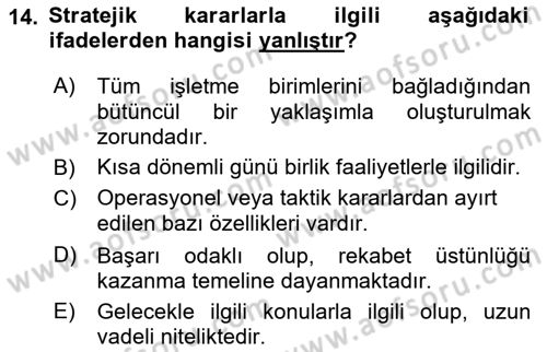 Pazarlama İlkeleri Dersi 2016 - 2017 Yılı (Final) Dönem Sonu Sınav Soruları 14. Soru