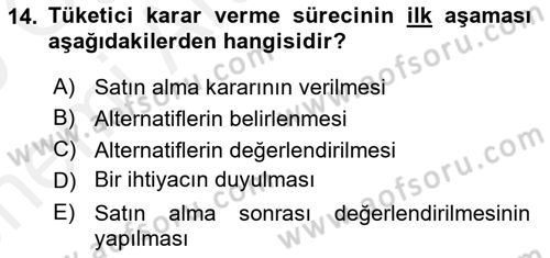 Pazarlama İlkeleri Dersi Ara Sınavı Deneme Sınav Soruları 14. Soru