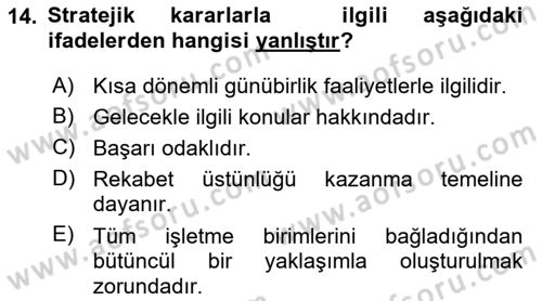 Pazarlama İlkeleri Dersi 2018 - 2019 Yılı (Final) Dönem Sonu Sınav Soruları 14. Soru