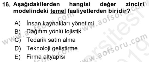 Pazarlama İlkeleri Dersi 2018 - 2019 Yılı (Final) Dönem Sonu Sınav Soruları 16. Soru