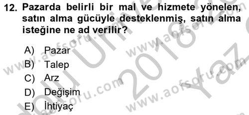 Pazarlama İlkeleri Dersi 2018 - 2019 Yılı Yaz Okulu Sınav Soruları 12. Soru