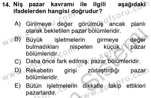 Pazarlama İlkeleri Dersi 2018 - 2019 Yılı Yaz Okulu Sınav Soruları 14. Soru