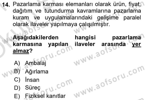 Pazarlama İlkeleri Dersi 2020 - 2021 Yılı Yaz Okulu Sınav Soruları 14. Soru