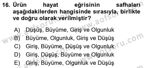 Pazarlama İlkeleri Dersi 2020 - 2021 Yılı Yaz Okulu Sınav Soruları 16. Soru