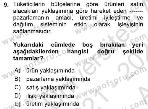 Pazarlama İlkeleri Dersi Ara Sınavı Deneme Sınav Soruları 9. Soru