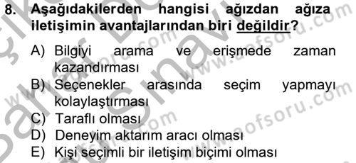 Bütünleşik Pazarlama İletişimi Dersi 2012 - 2013 Yılı (Final) Dönem Sonu Sınav Soruları 8. Soru