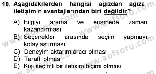 Bütünleşik Pazarlama İletişimi Dersi 2014 - 2015 Yılı (Final) Dönem Sonu Sınav Soruları 10. Soru