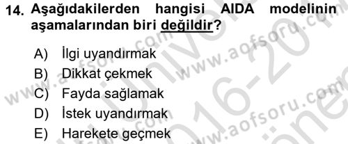 Sağlık Hizmetleri Pazarlaması Dersi 2016 - 2017 Yılı (Final) Dönem Sonu Sınav Soruları 14. Soru