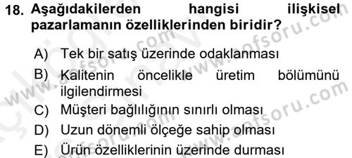 Sağlık Hizmetleri Pazarlaması Dersi 2017 - 2018 Yılı 3 Ders Sınav Soruları 18. Soru