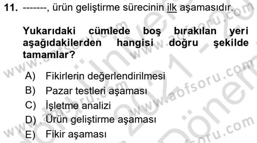 Sağlık Hizmetleri Pazarlaması Dersi 2021 - 2022 Yılı (Final) Dönem Sonu Sınavı 11. Soru