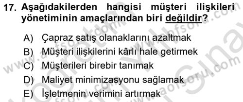 Sağlık Hizmetleri Pazarlaması Dersi 2023 - 2024 Yılı (Final) Dönem Sonu Sınav Soruları 17. Soru