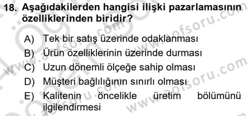 Sağlık Hizmetleri Pazarlaması Dersi 2023 - 2024 Yılı (Final) Dönem Sonu Sınav Soruları 18. Soru