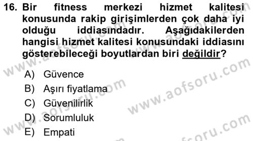 Spor Pazarlaması Dersi Ara Sınavı Deneme Sınav Soruları 16. Soru