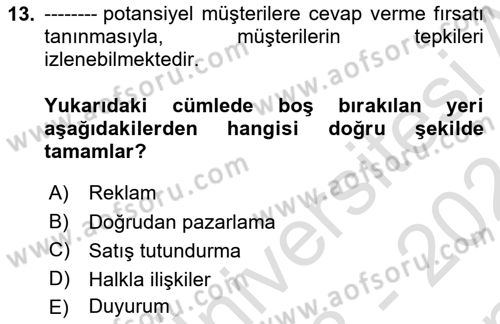 Spor Pazarlaması Dersi 2023 - 2024 Yılı (Final) Dönem Sonu Sınav Soruları 13. Soru
