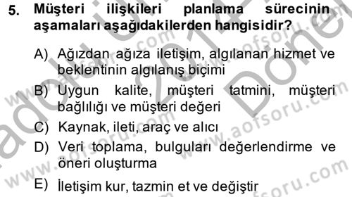Müşteri İlişkileri Yönetimi Dersi 2014 - 2015 Yılı (Final) Dönem Sonu Sınav Soruları 5. Soru