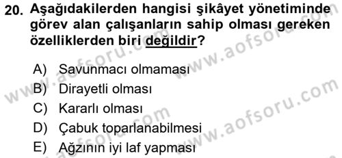 Müşteri İlişkileri Yönetimi Dersi 2015 - 2016 Yılı Tek Ders Sınav Soruları 20. Soru