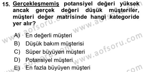 Müşteri İlişkileri Yönetimi Dersi 2016 - 2017 Yılı (Vize) Ara Sınavı 15. Soru