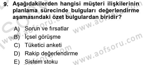 Müşteri İlişkileri Yönetimi Dersi 2016 - 2017 Yılı (Final) Dönem Sonu Sınav Soruları 9. Soru