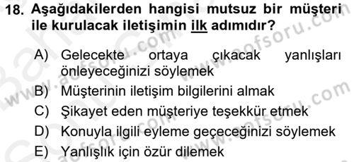 Müşteri İlişkileri Yönetimi Dersi 2018 - 2019 Yılı (Final) Dönem Sonu Sınav Soruları 18. Soru