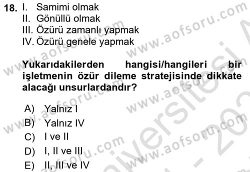 Müşteri İlişkileri Yönetimi Dersi 2021 - 2022 Yılı (Final) Dönem Sonu Sınav Soruları 18. Soru