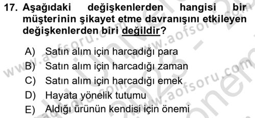 Müşteri İlişkileri Yönetimi Dersi 2023 - 2024 Yılı (Final) Dönem Sonu Sınav Soruları 17. Soru