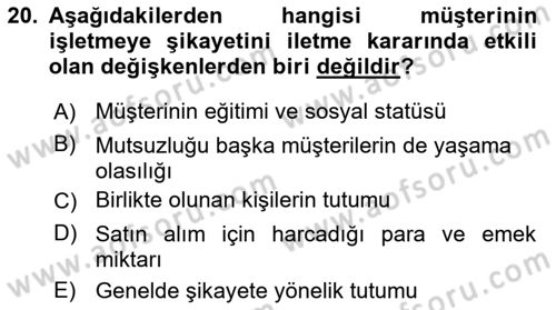 Müşteri İlişkileri Yönetimi Dersi 2025 - 2026 Yılı (Final) Dönem Sonu Sınav Soruları 20. Soru