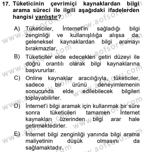 Tüketici Davranışları Dersi 2016 - 2017 Yılı (Final) Dönem Sonu Sınav Soruları 17. Soru