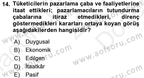 Tüketici Davranışları Dersi 2017 - 2018 Yılı (Final) Dönem Sonu Sınav Soruları 14. Soru