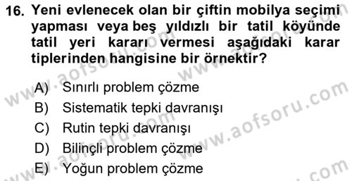 Tüketici Davranışları Dersi 2023 - 2024 Yılı (Final) Dönem Sonu Sınav Soruları 16. Soru