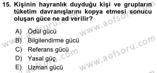 Tüketici Davranışları Dersi 2023 - 2024 Yılı Yaz Okulu Sınavı 15. Soru