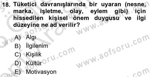 Tüketici Davranışları Dersi 2025 - 2026 Yılı (Vize) Ara Sınav Soruları 18. Soru