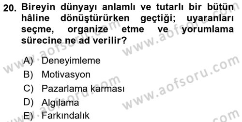 Tüketici Davranışları Dersi 2025 - 2026 Yılı (Vize) Ara Sınav Soruları 20. Soru