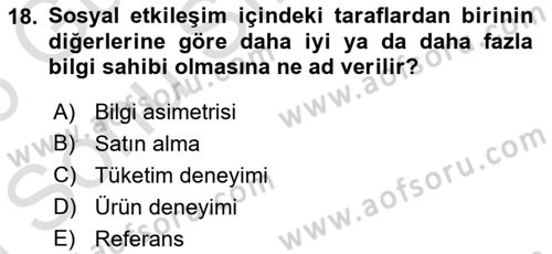Tüketici Davranışları Dersi 2025 - 2026 Yılı (Final) Dönem Sonu Sınav Soruları 18. Soru