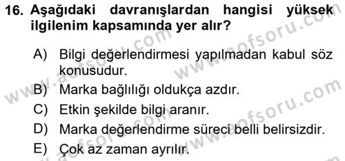 Tüketici Davranışları Dersi 2025 - 2026 Yılı Yaz Okulu Sınav Soruları 16. Soru