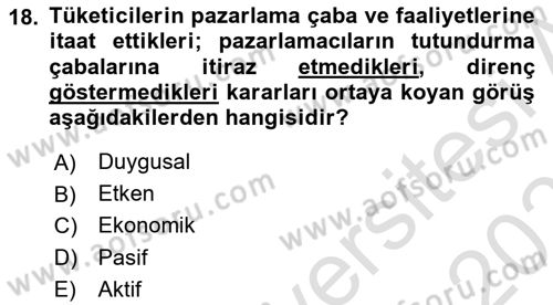 Tüketici Davranışları Dersi 2025 - 2026 Yılı Yaz Okulu Sınav Soruları 18. Soru