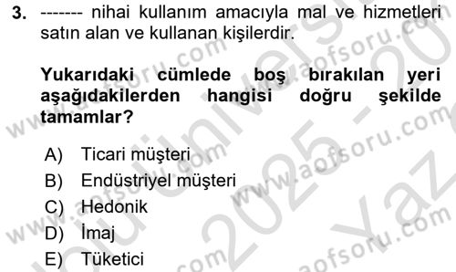 Tüketici Davranışları Dersi 2025 - 2026 Yılı Yaz Okulu Sınav Soruları 3. Soru