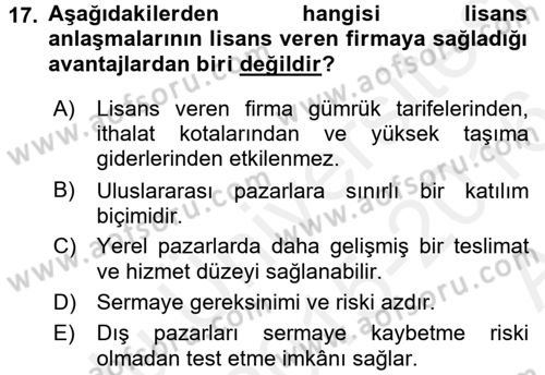 Uluslararası Pazarlama Dersi 2015 - 2016 Yılı (Vize) Ara Sınav Soruları 17. Soru