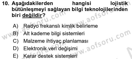 Tedarik Zinciri Yönetimi Dersi 2015 - 2016 Yılı (Final) Dönem Sonu Sınav Soruları 10. Soru
