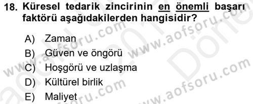 Tedarik Zinciri Yönetimi Dersi 2017 - 2018 Yılı (Final) Dönem Sonu Sınav Soruları 18. Soru