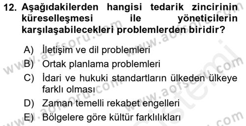 Tedarik Zinciri Yönetimi Dersi 2018 - 2019 Yılı (Final) Dönem Sonu Sınav Soruları 12. Soru