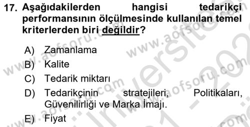 Tedarik Zinciri Yönetimi Dersi 2021 - 2022 Yılı (Vize) Ara Sınav Soruları 17. Soru
