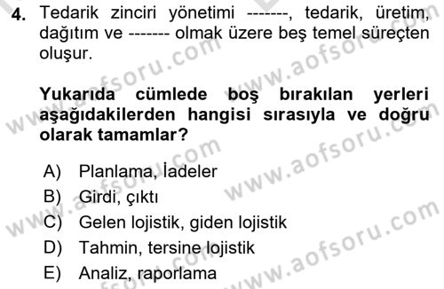 Tedarik Zinciri Yönetimi Dersi 2021 - 2022 Yılı (Vize) Ara Sınav Soruları 4. Soru