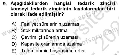 Tedarik Zinciri Yönetimi Dersi 2021 - 2022 Yılı (Vize) Ara Sınav Soruları 9. Soru