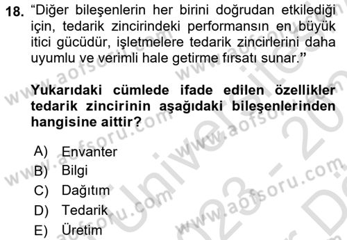 Tedarik Zinciri Yönetimi Dersi 2023 - 2024 Yılı (Vize) Ara Sınavı 18. Soru