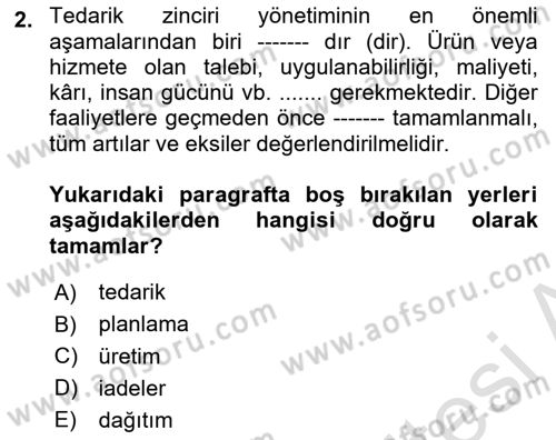 Tedarik Zinciri Yönetimi Dersi 2023 - 2024 Yılı (Vize) Ara Sınavı 2. Soru