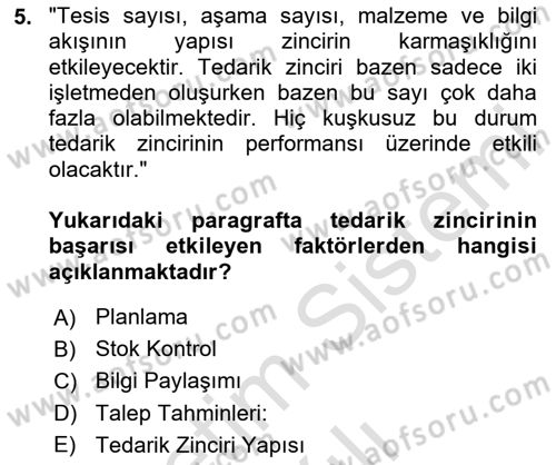 Tedarik Zinciri Yönetimi Dersi 2023 - 2024 Yılı (Vize) Ara Sınavı 5. Soru