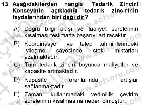 Tedarik Zinciri Yönetimi Dersi 2023 - 2024 Yılı Yaz Okulu Sınav Soruları 13. Soru